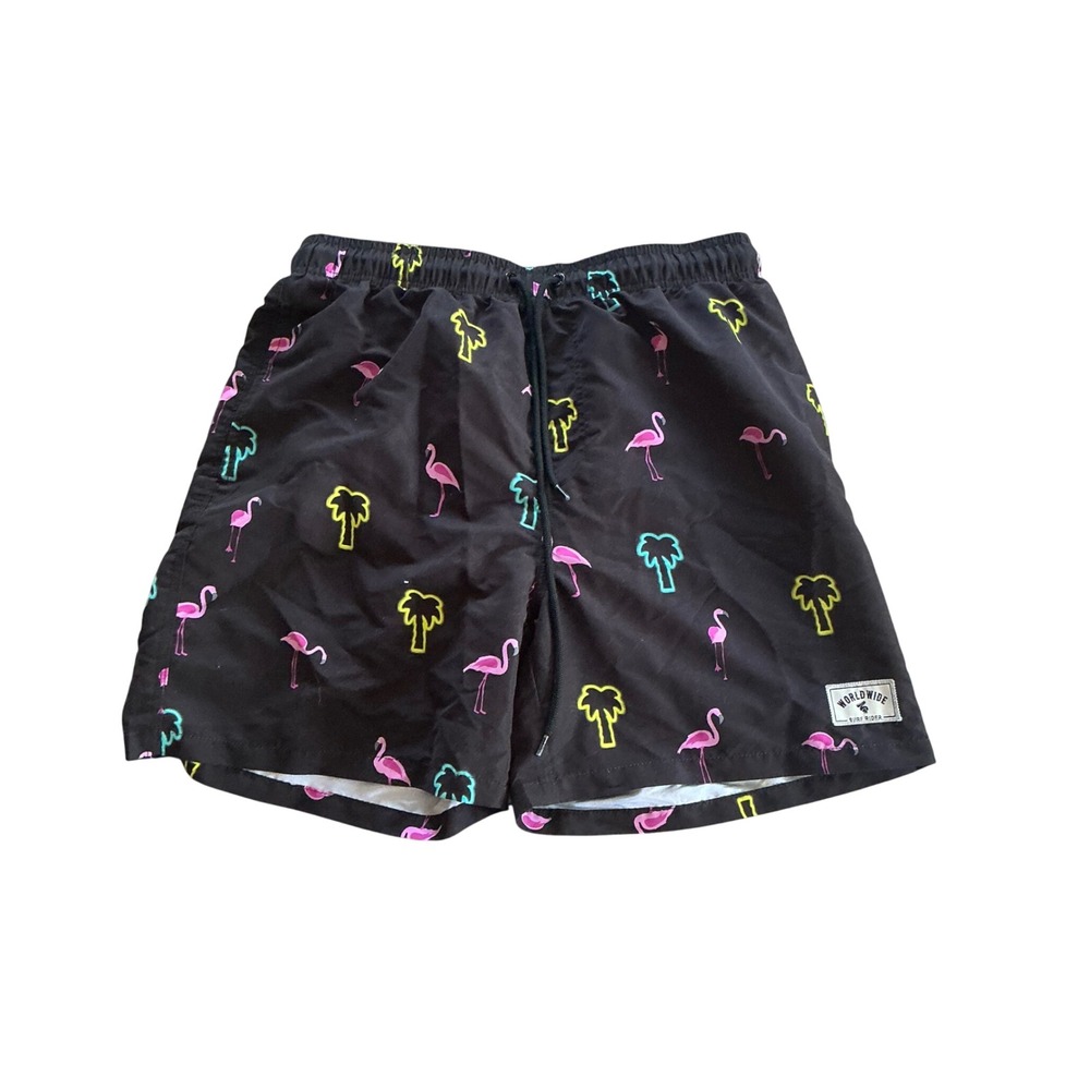 Worldwide Surf Rider Mens Medium Black Neon Flamingo Palm Tree Swim Trunks Short